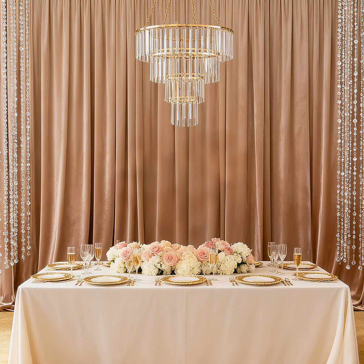 Crystal Pendant Chandelier with Gold Metal Frame, 4-Tier Round Hanging Light Fixture with Chain and Hook