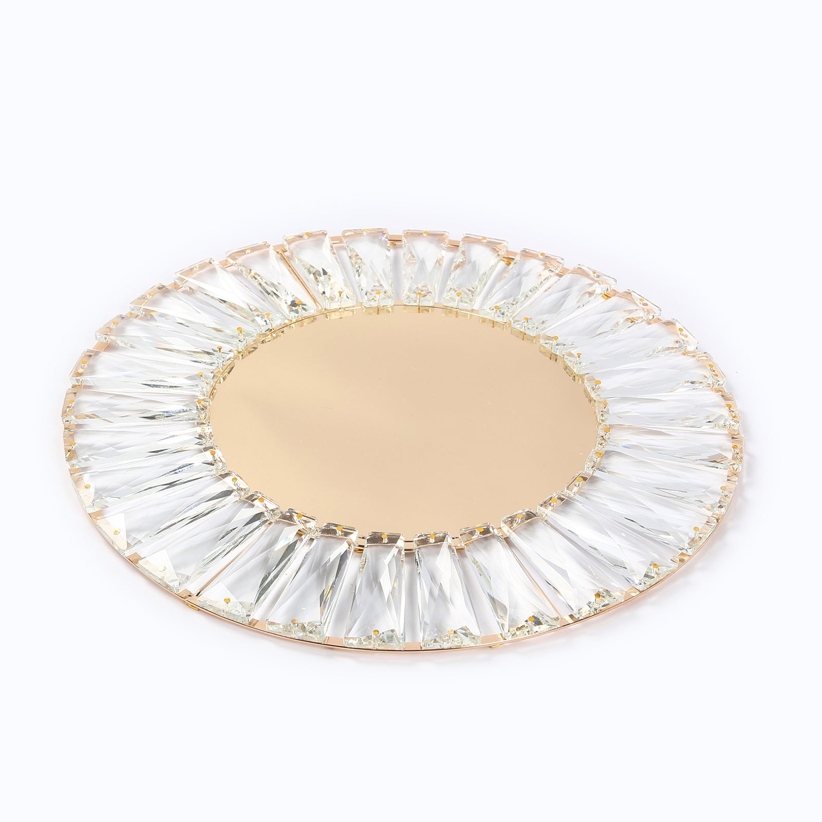 2 Pack 14" Crystal Pendant Metal Charger Plates – Gold Mirror Glass Decorative Round Table Chargers
