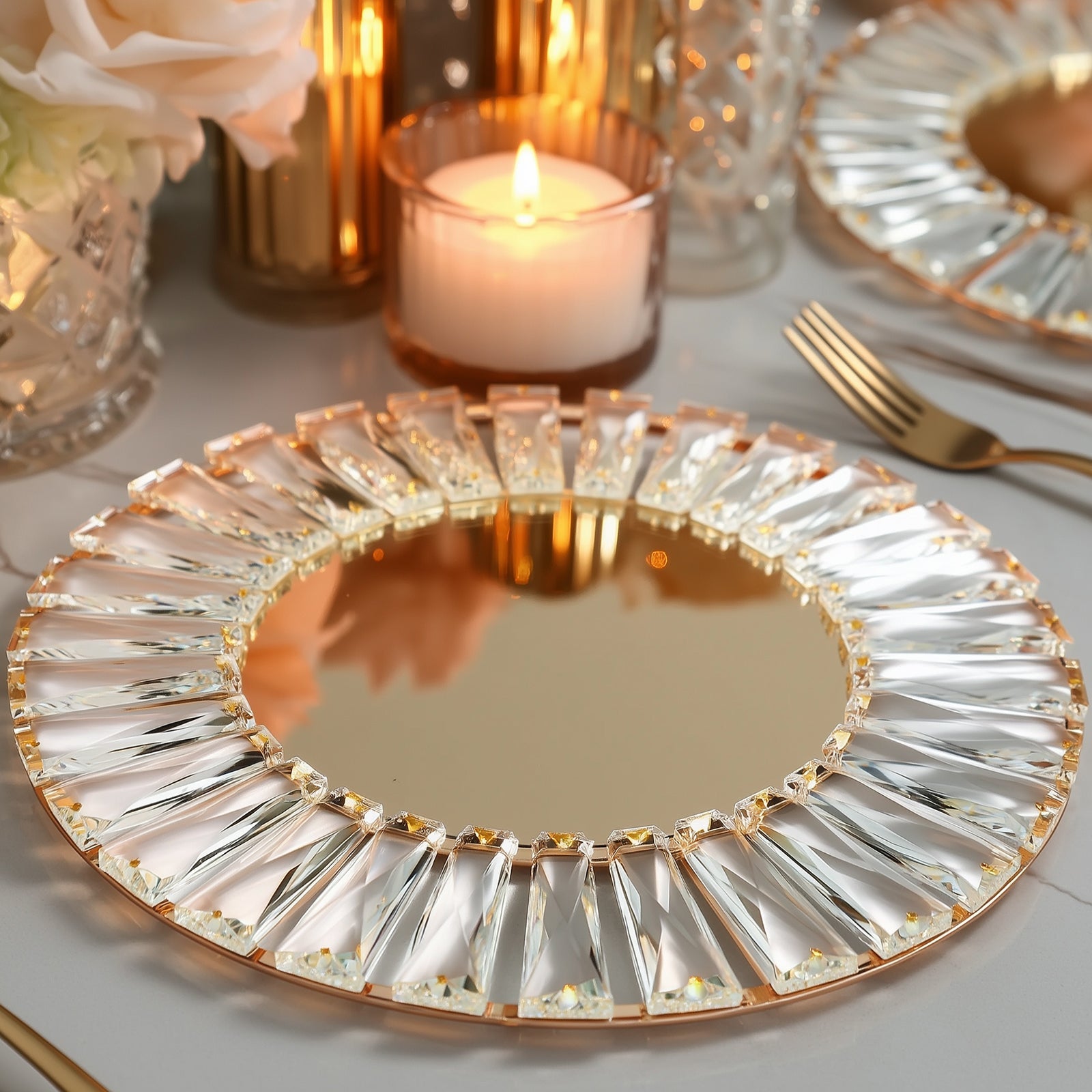 2 Pack 14" Crystal Pendant Metal Charger Plates – Gold Mirror Glass Decorative Round Table Chargers