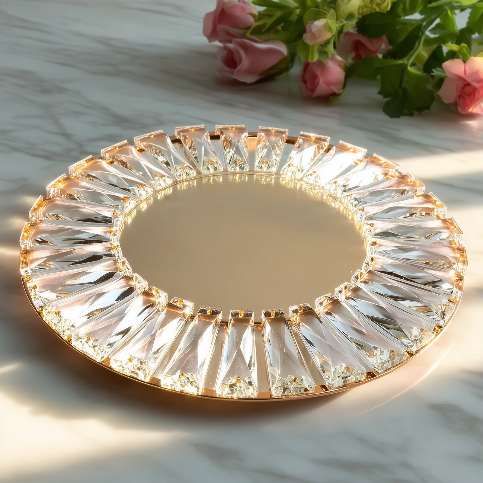 2 Pack 14" Crystal Pendant Metal Charger Plates – Gold Mirror Glass Decorative Round Table Chargers
