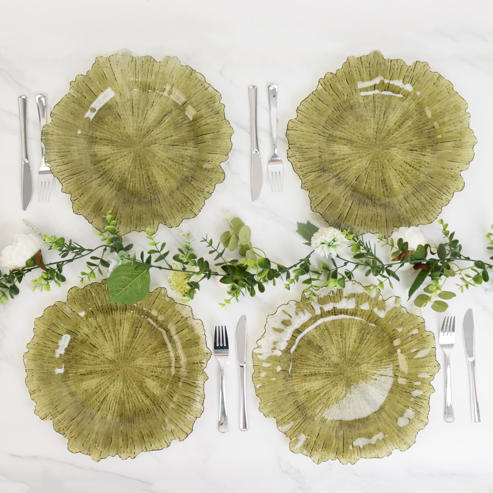 6-Pack Acrylic Plastic Round Charger Plates 13" in Transparent Dusty Sage Green with Reef Design, Dinner Charger Tableware