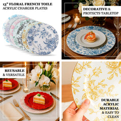 6 Pack Round Floral Acrylic Charger Plates in French Toile Pattern, 13" Matte Lavender and White Dinner Charger Event Tabletop Decor