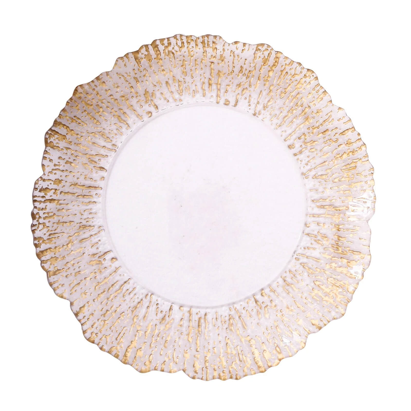6-Pack Plastic Round Charger Plates 12" in Clear with Gold Brushed Scalloped Reef Rim, Decorative Dinner Party Serving Plates