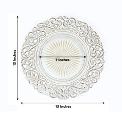 6-Pack Acrylic Round Charger Plates 13" in Antique White with Vintage Floral Carved Rim, Event Tabletop Decorative Charger Tableware