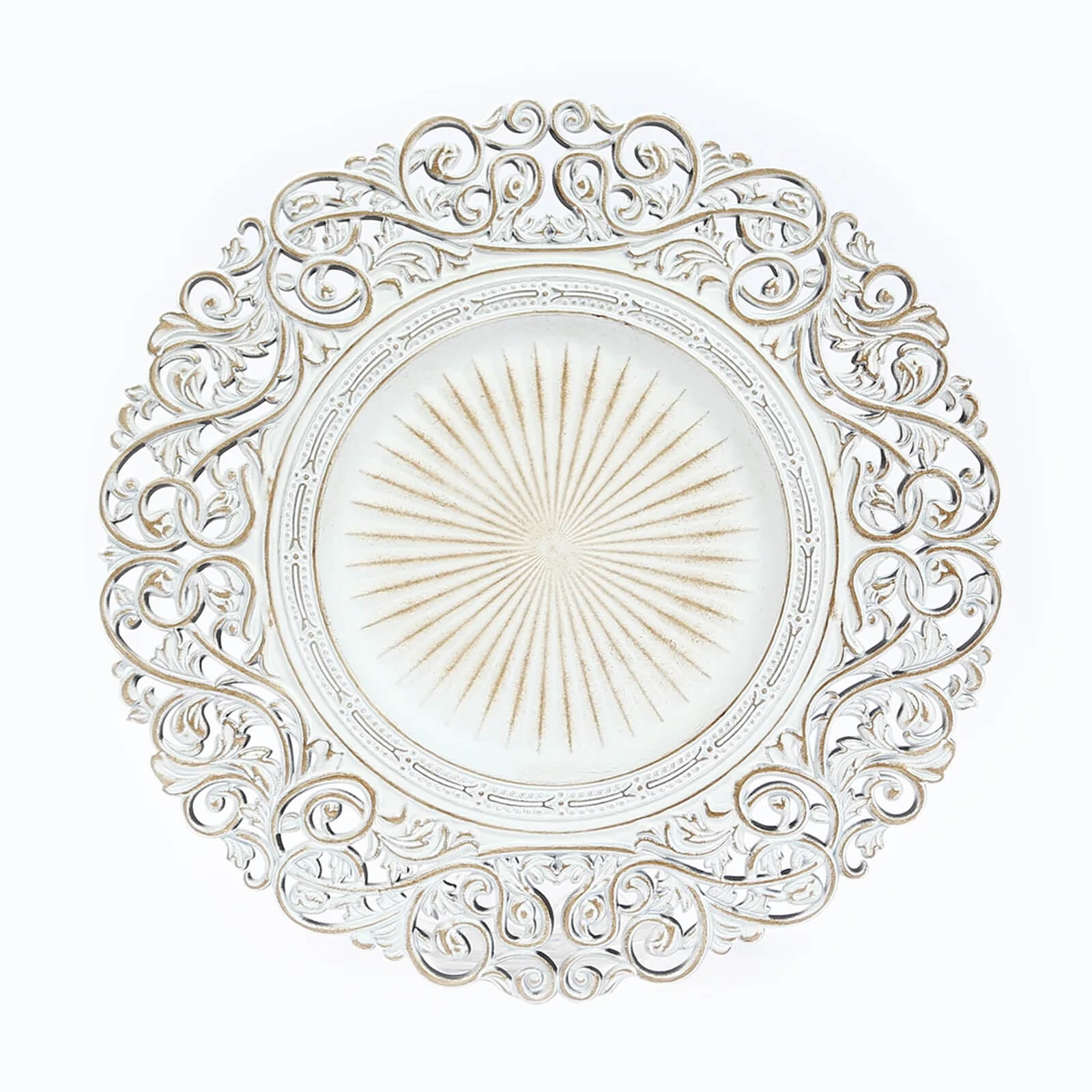 6-Pack Acrylic Round Charger Plates 13" in Antique White with Vintage Floral Carved Rim, Event Tabletop Decorative Charger Tableware