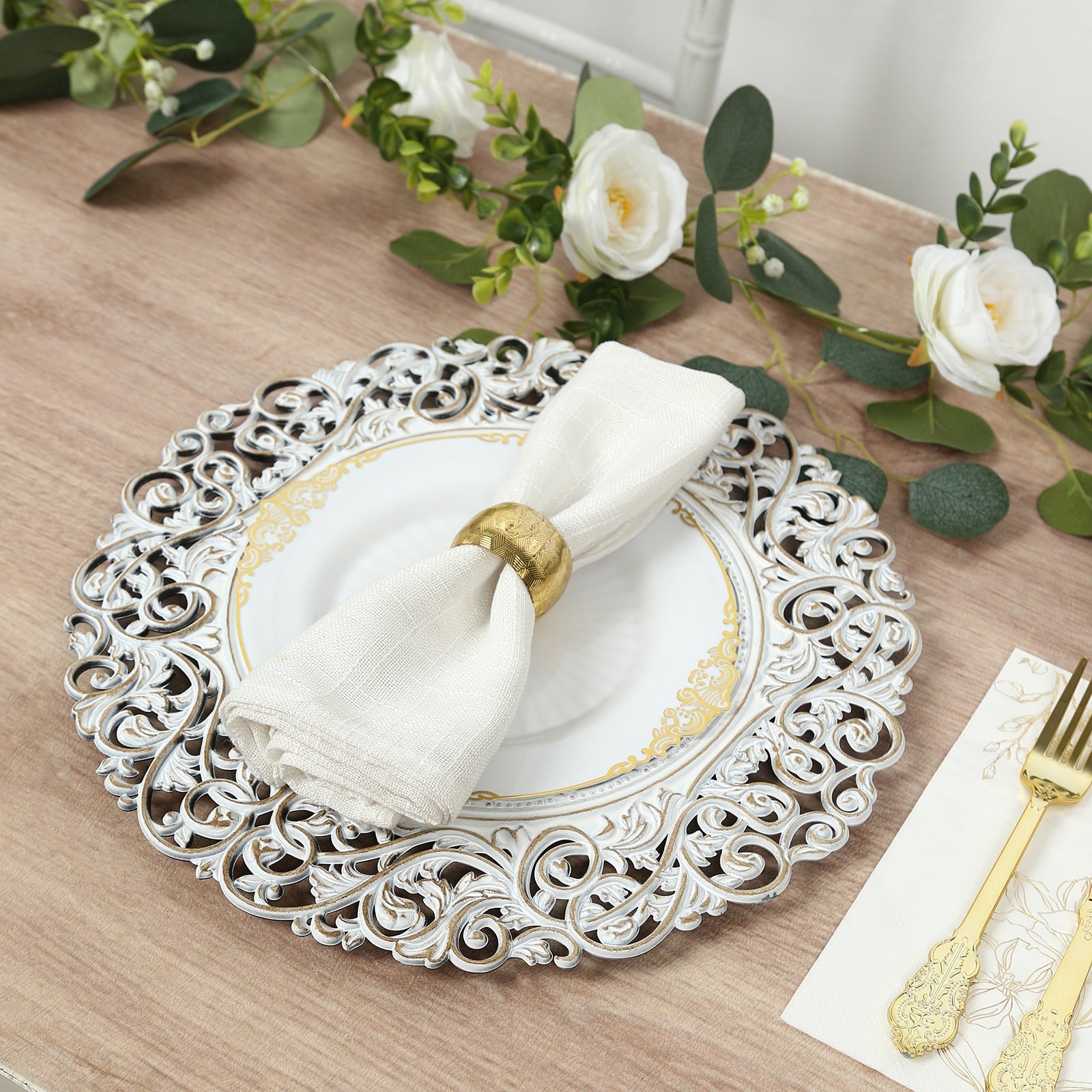 6-Pack Acrylic Round Charger Plates 13" in Antique White with Vintage Floral Carved Rim, Event Tabletop Decorative Charger Tableware