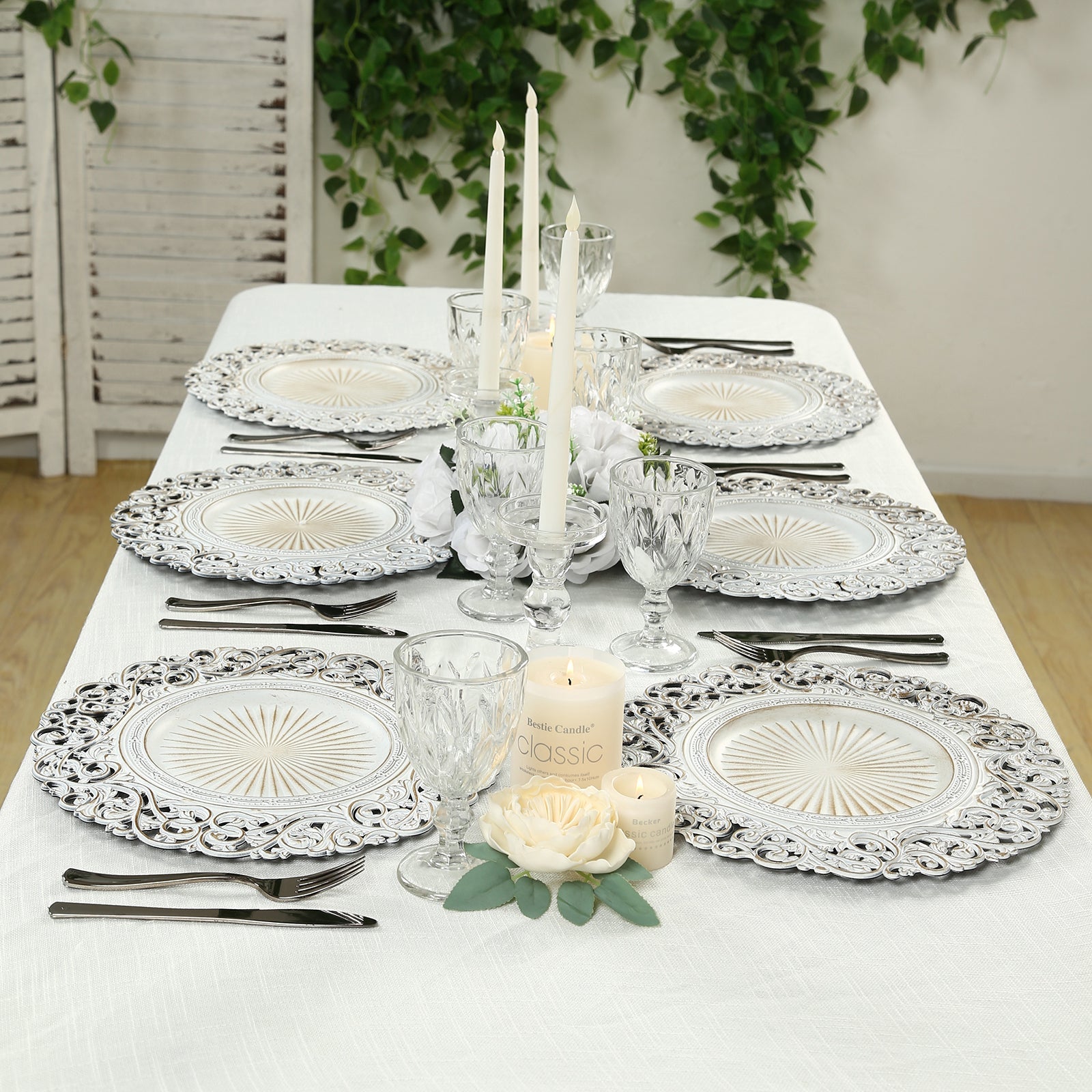 6-Pack Acrylic Round Charger Plates 13" in Antique White with Vintage Floral Carved Rim, Event Tabletop Decorative Charger Tableware