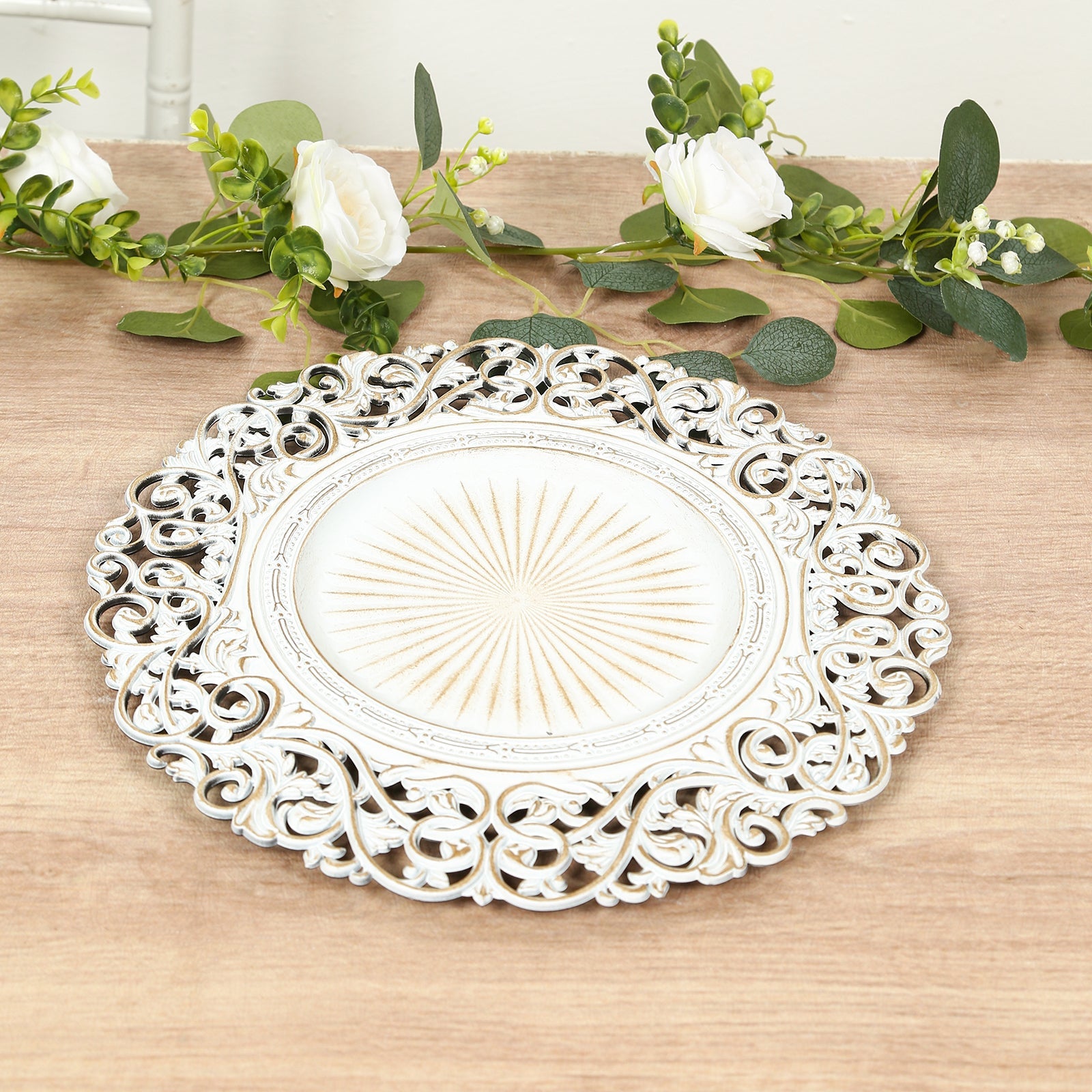 6-Pack Acrylic Round Charger Plates 13" in Antique White with Vintage Floral Carved Rim, Event Tabletop Decorative Charger Tableware