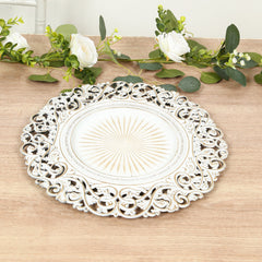 6-Pack Acrylic Round Charger Plates 13" in Antique White with Vintage Floral Carved Rim, Event Tabletop Decorative Charger Tableware