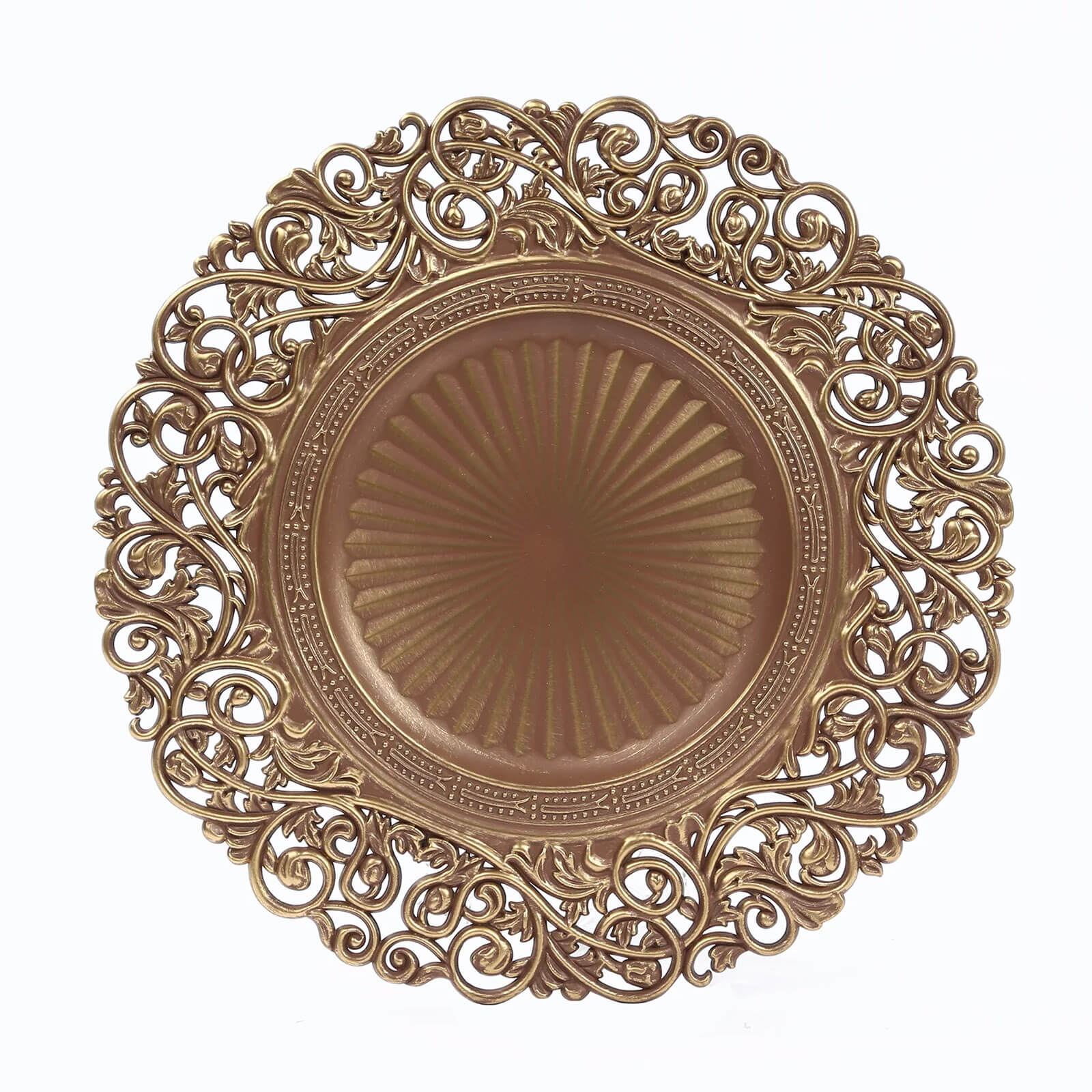 6-Pack Acrylic Round Charger Plates 13" in Brown / Brushed Gold with Vintage Floral Carved Rim, Event Tabletop Decorative Charger Tableware