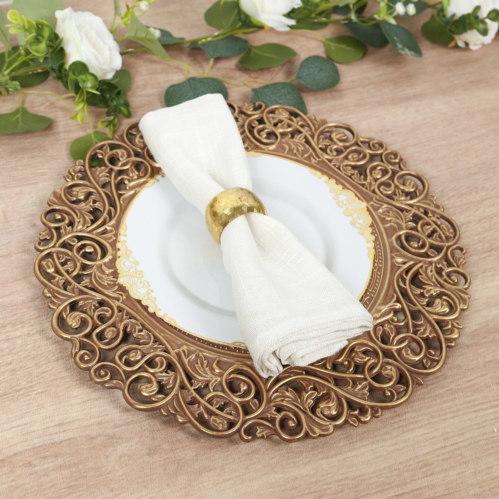 6-Pack Acrylic Round Charger Plates 13" in Brown / Brushed Gold with Vintage Floral Carved Rim, Event Tabletop Decorative Charger Tableware