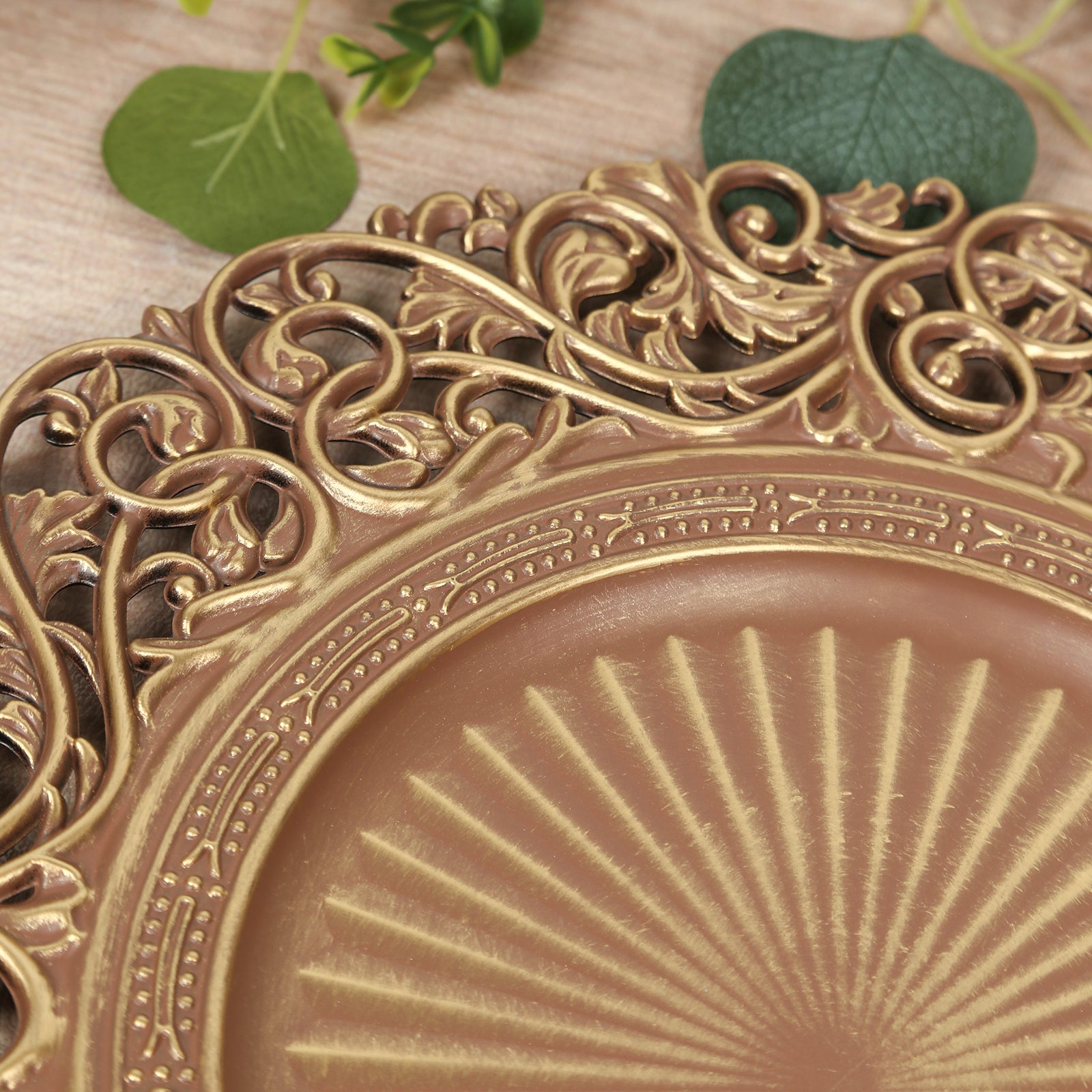 6-Pack Acrylic Round Charger Plates 13" in Brown / Brushed Gold with Vintage Floral Carved Rim, Event Tabletop Decorative Charger Tableware