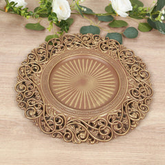 6-Pack Acrylic Round Charger Plates 13" in Brown / Brushed Gold with Vintage Floral Carved Rim, Event Tabletop Decorative Charger Tableware