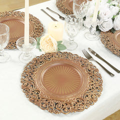 6-Pack Acrylic Round Charger Plates 13" in Brown / Brushed Gold with Vintage Floral Carved Rim, Event Tabletop Decorative Charger Tableware