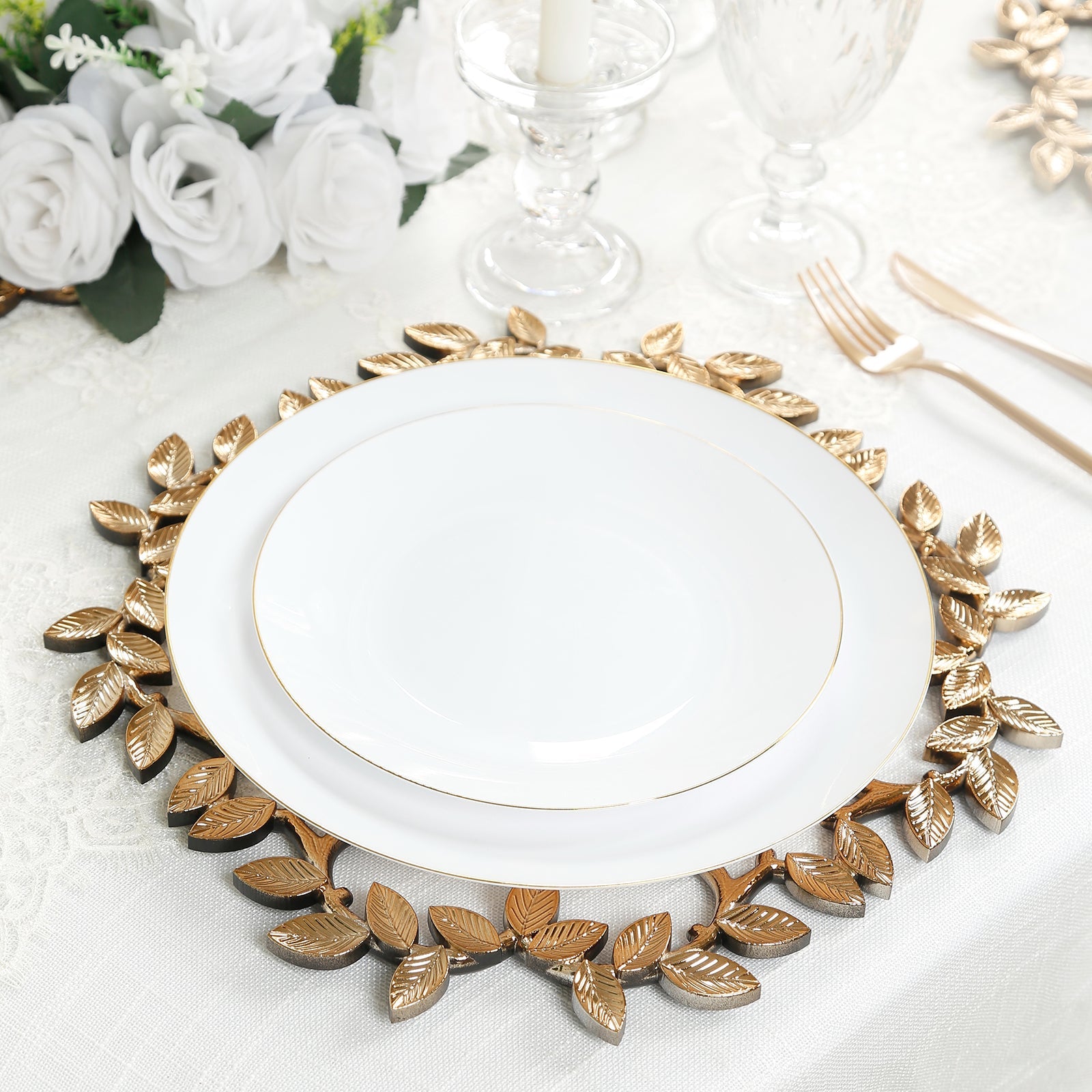6 Pack Acrylic Plastic 13" Charger Plates in Gold Leaf Wreath Design – Round Decorative Dinner Table Plates