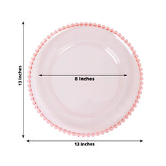 6-Pack Acrylic Round Charger Plates 13" in Transparent Blush with Beaded Rim, Decorative Dinner Party Serving Plates
