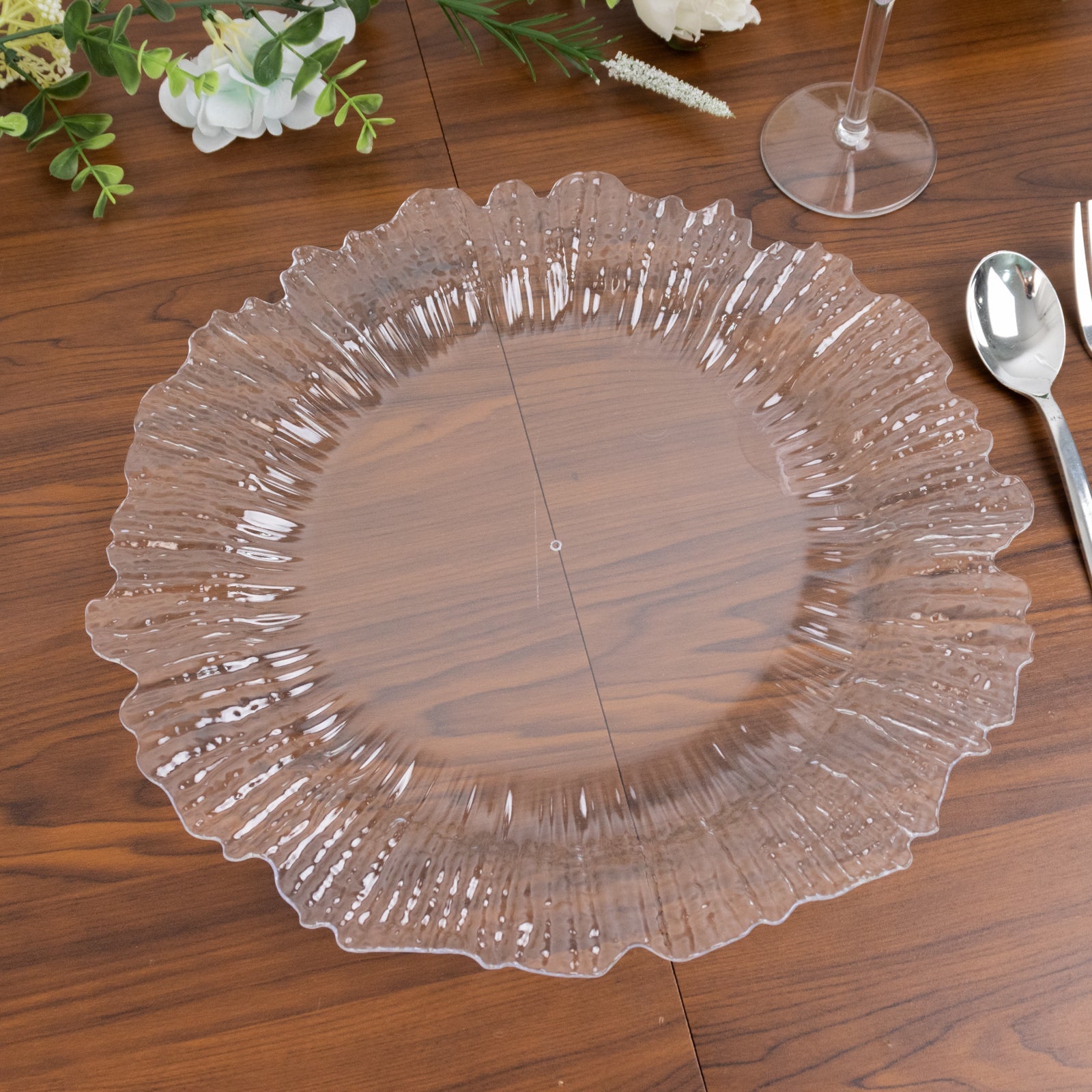 10 Pack Economy Reef Plastic Charger Plates – 13" Clear Dinner Plate Chargers for Weddings, Parties & Catering