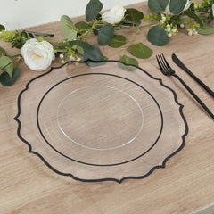 10-Pack Economy Plastic Round Charger Plates 13" in Clear with Black Scalloped Rim, Decorative Dinner Party Serving Plates