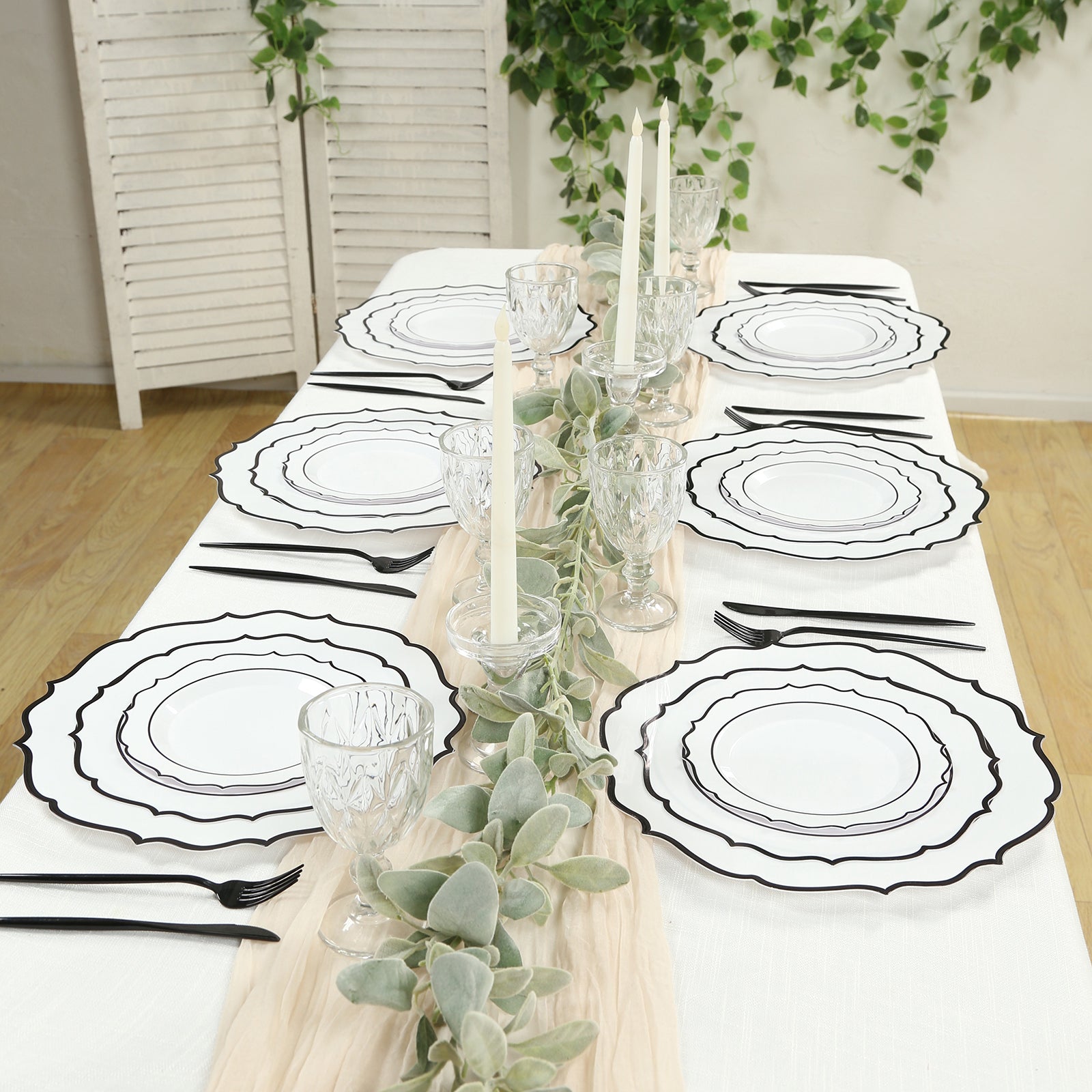 10-Pack Economy Plastic Round Charger Plates 13" in White with Black Scalloped Rim, Decorative Dinner Party Serving Plates