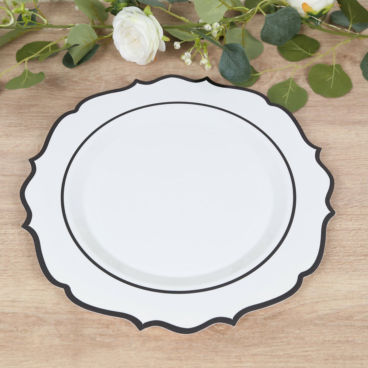 10-Pack Economy Plastic Round Charger Plates 13" in White with Black Scalloped Rim, Decorative Dinner Party Serving Plates