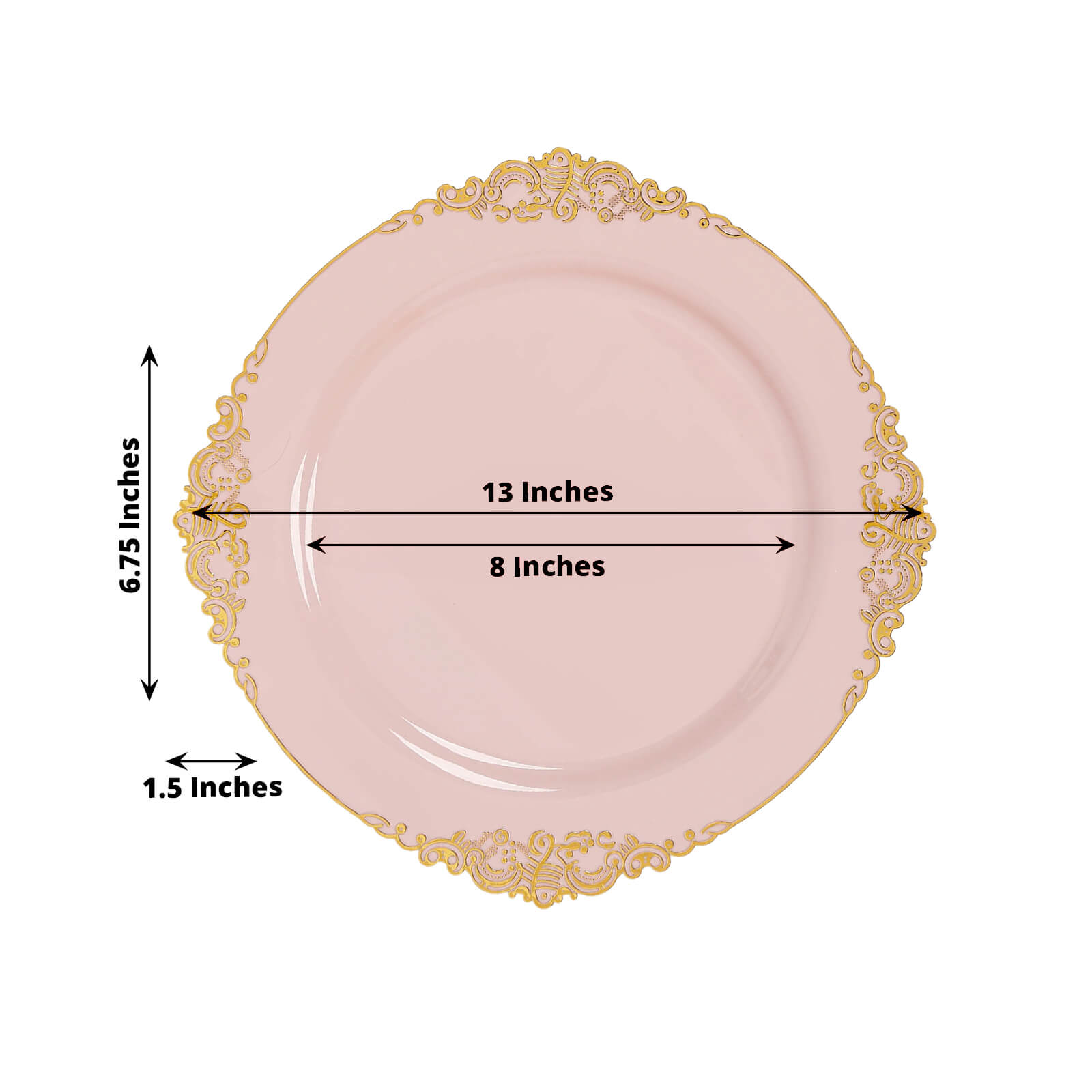 20-Pack Economy Plastic Round Charger Plates 13" in Blush with Gold Embossed Baroque Rim, Stylish Dinner Party Serving Plates