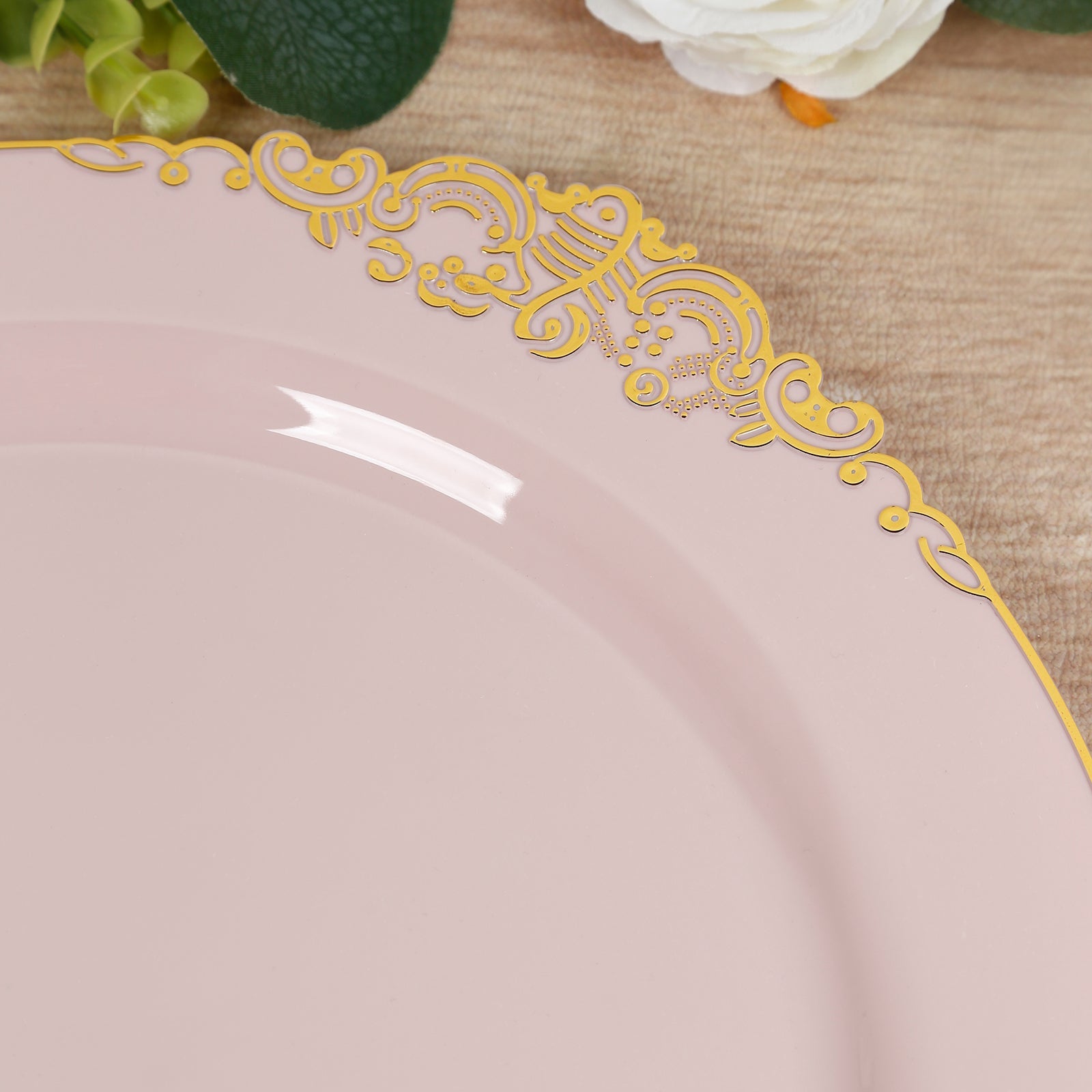 20-Pack Economy Plastic Round Charger Plates 13" in Blush with Gold Embossed Baroque Rim, Stylish Dinner Party Serving Plates
