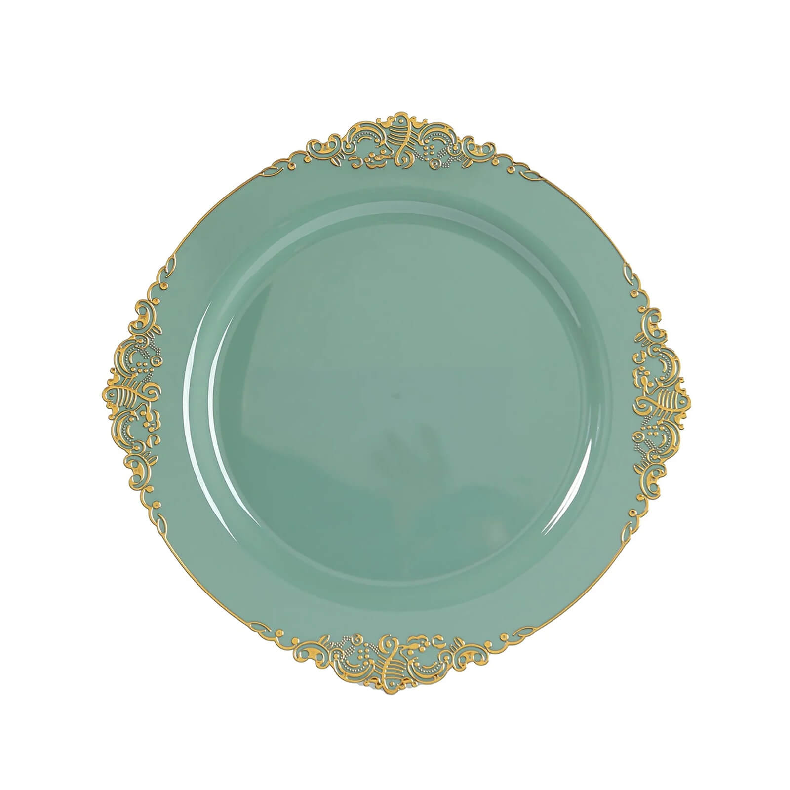 20-Pack Economy Plastic Round Charger Plates 13" in Dusty Sage Green with Gold Embossed Baroque Rim, Stylish Dinner Party Serving Plates