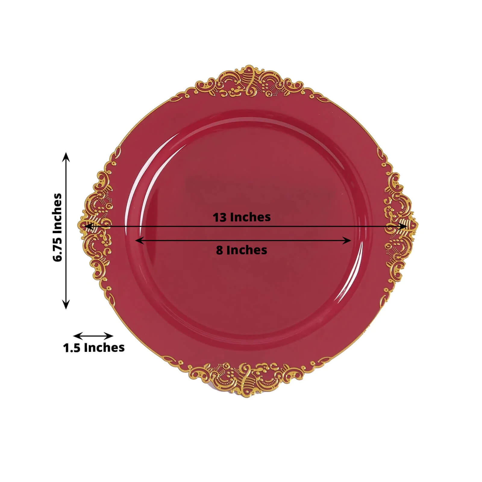 20-Pack Economy Plastic Round Charger Plates 13" in Burgundy with Gold Embossed Baroque Rim, Stylish Dinner Party Serving Plates