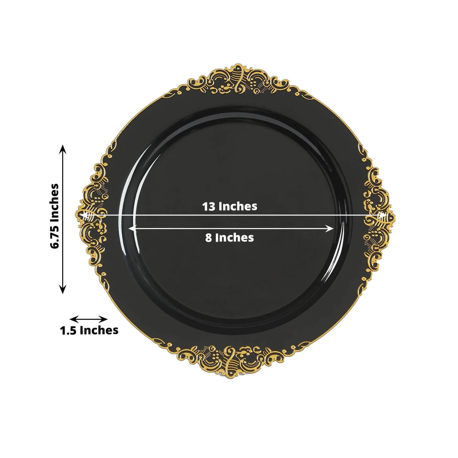 20-Pack Economy Plastic Round Charger Plates 13" in Black with Gold Embossed Baroque Rim, Stylish Dinner Party Serving Plates