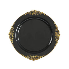20-Pack Economy Plastic Round Charger Plates 13" in Black with Gold Embossed Baroque Rim, Stylish Dinner Party Serving Plates