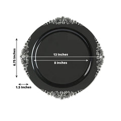 20-Pack Economy Plastic Round Charger Plates 13" in Black with Silver Embossed Baroque Rim, Stylish Dinner Party Serving Plates