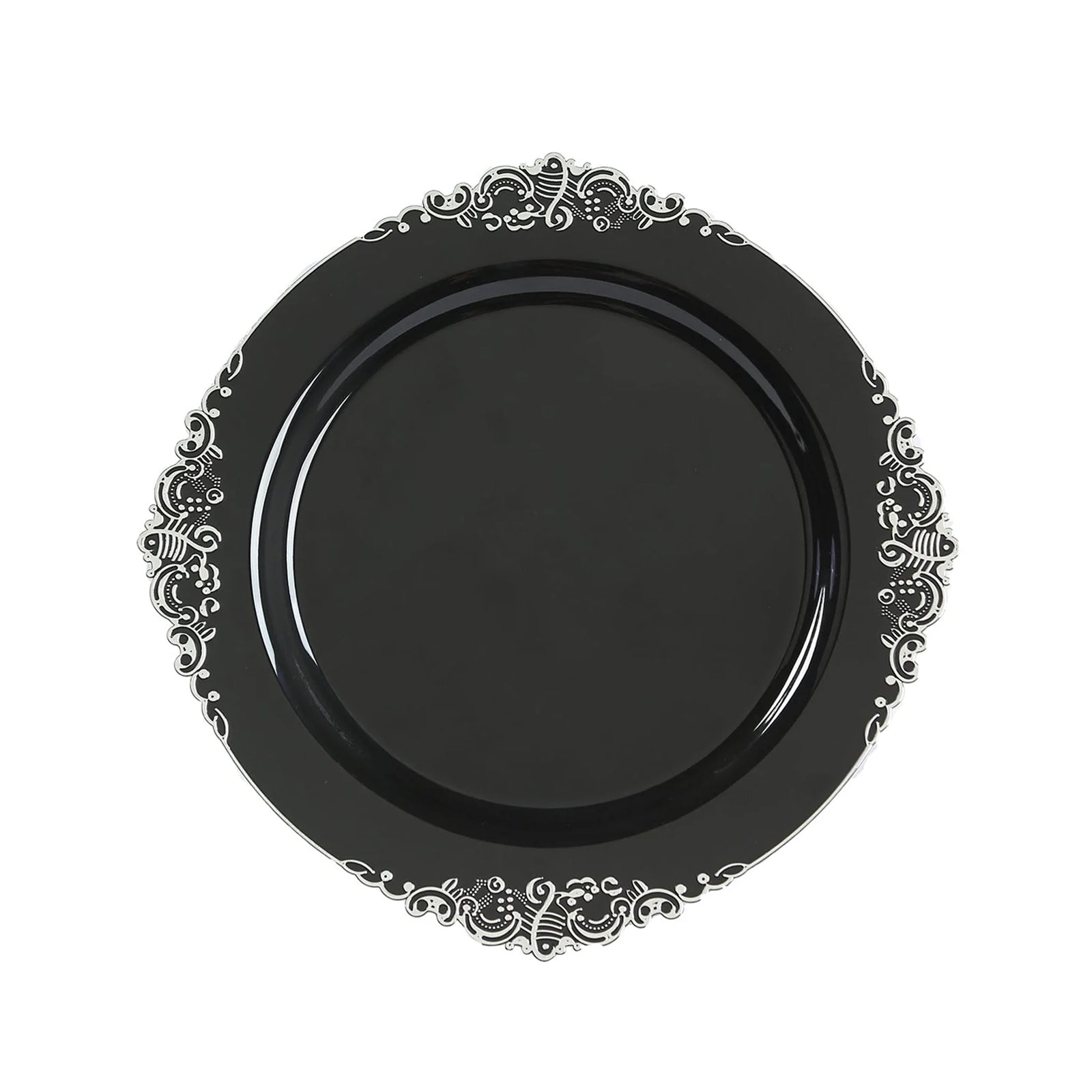 20-Pack Economy Plastic Round Charger Plates 13" in Black with Silver Embossed Baroque Rim, Stylish Dinner Party Serving Plates