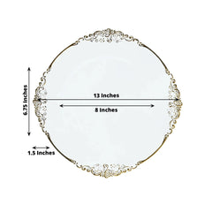 20-Pack Economy Plastic Round Charger Plates 13" in Clear with Gold Embossed Baroque Rim, Stylish Dinner Party Serving Plates