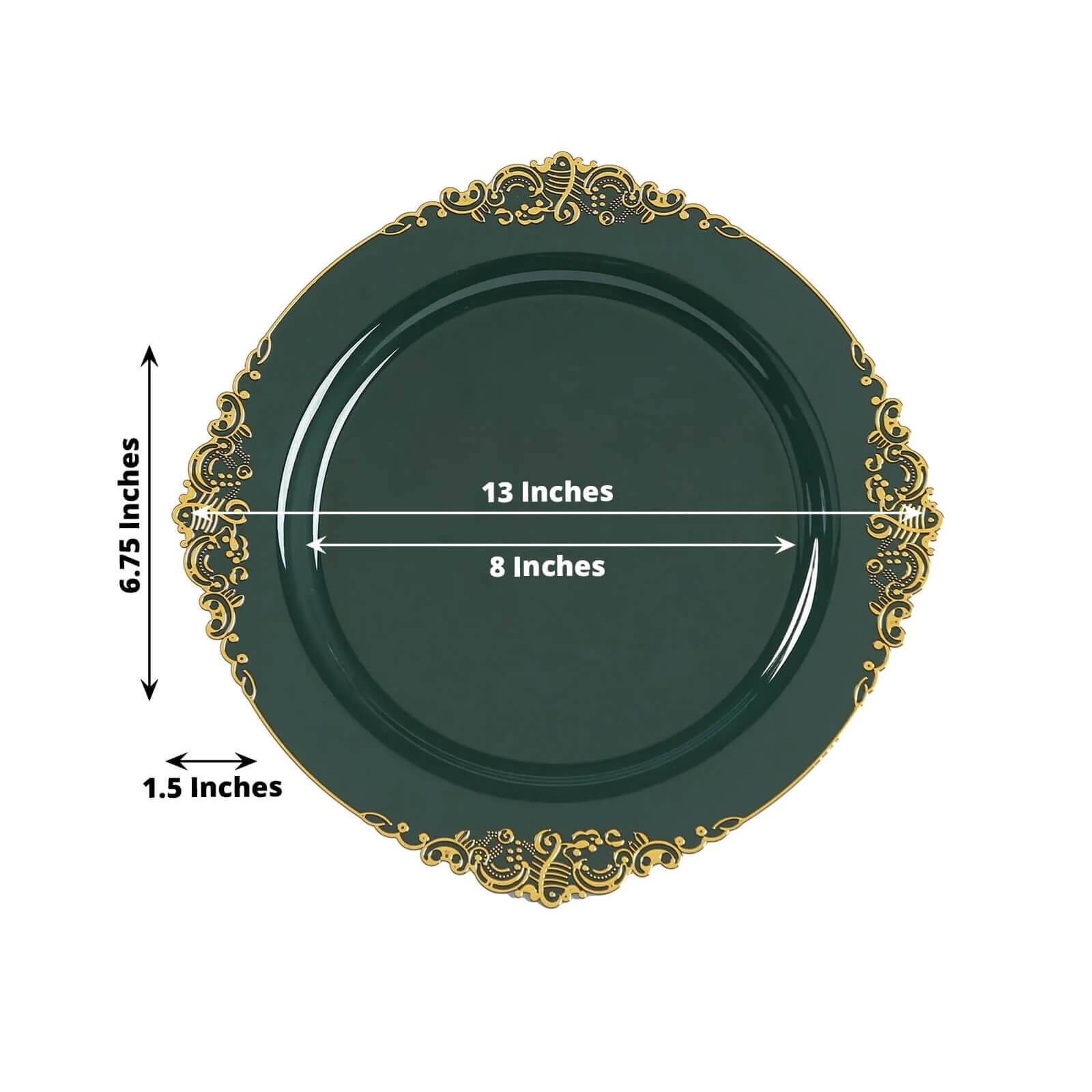 20-Pack Economy Plastic Round Charger Plates 13" in Hunter Emerald Green with Gold Embossed Baroque Rim, Stylish Dinner Party Serving Plates