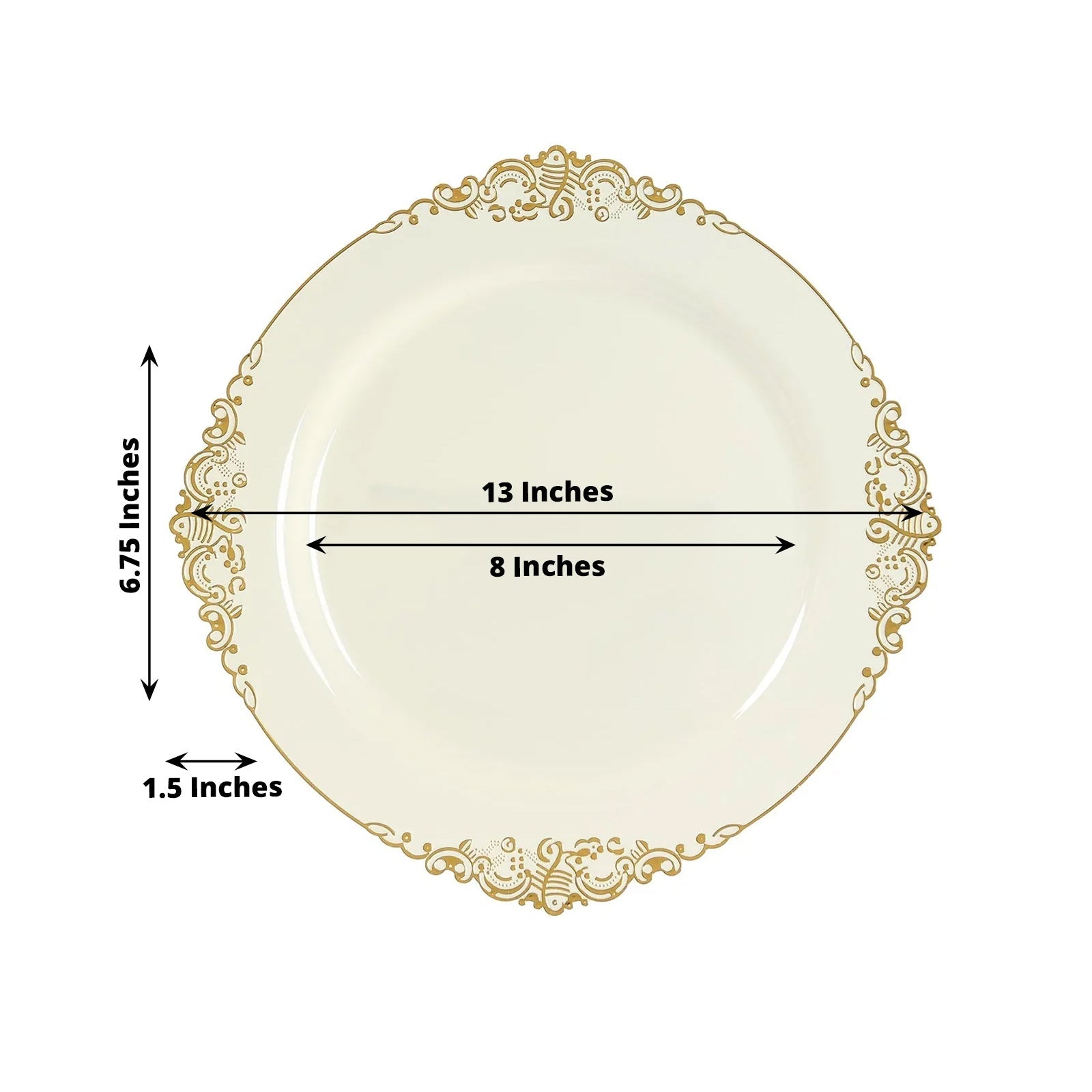 20-Pack Economy Plastic Round Charger Plates 13" in Ivory with Gold Embossed Baroque Rim, Stylish Dinner Party Serving Plates