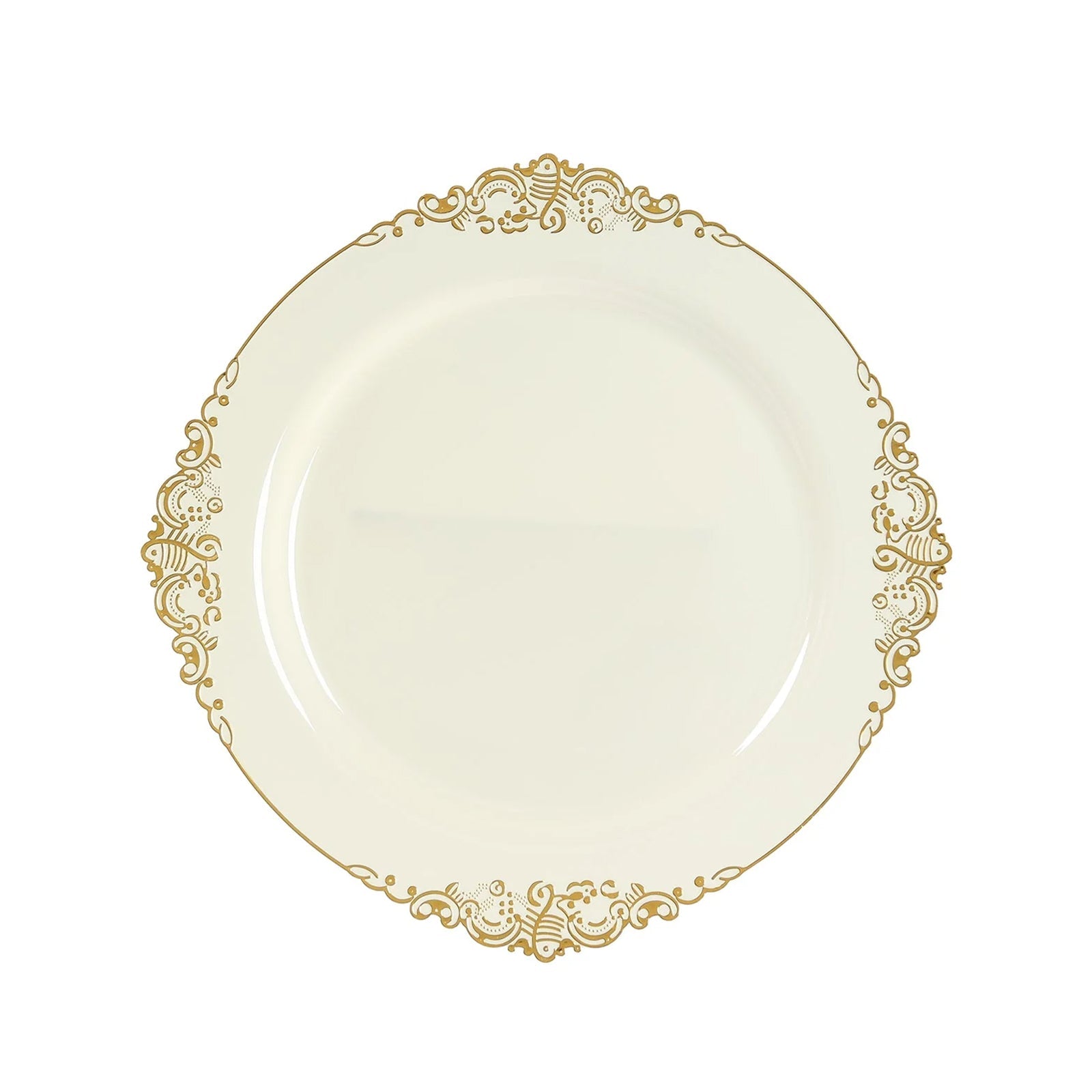 20-Pack Economy Plastic Round Charger Plates 13" in Ivory with Gold Embossed Baroque Rim, Stylish Dinner Party Serving Plates