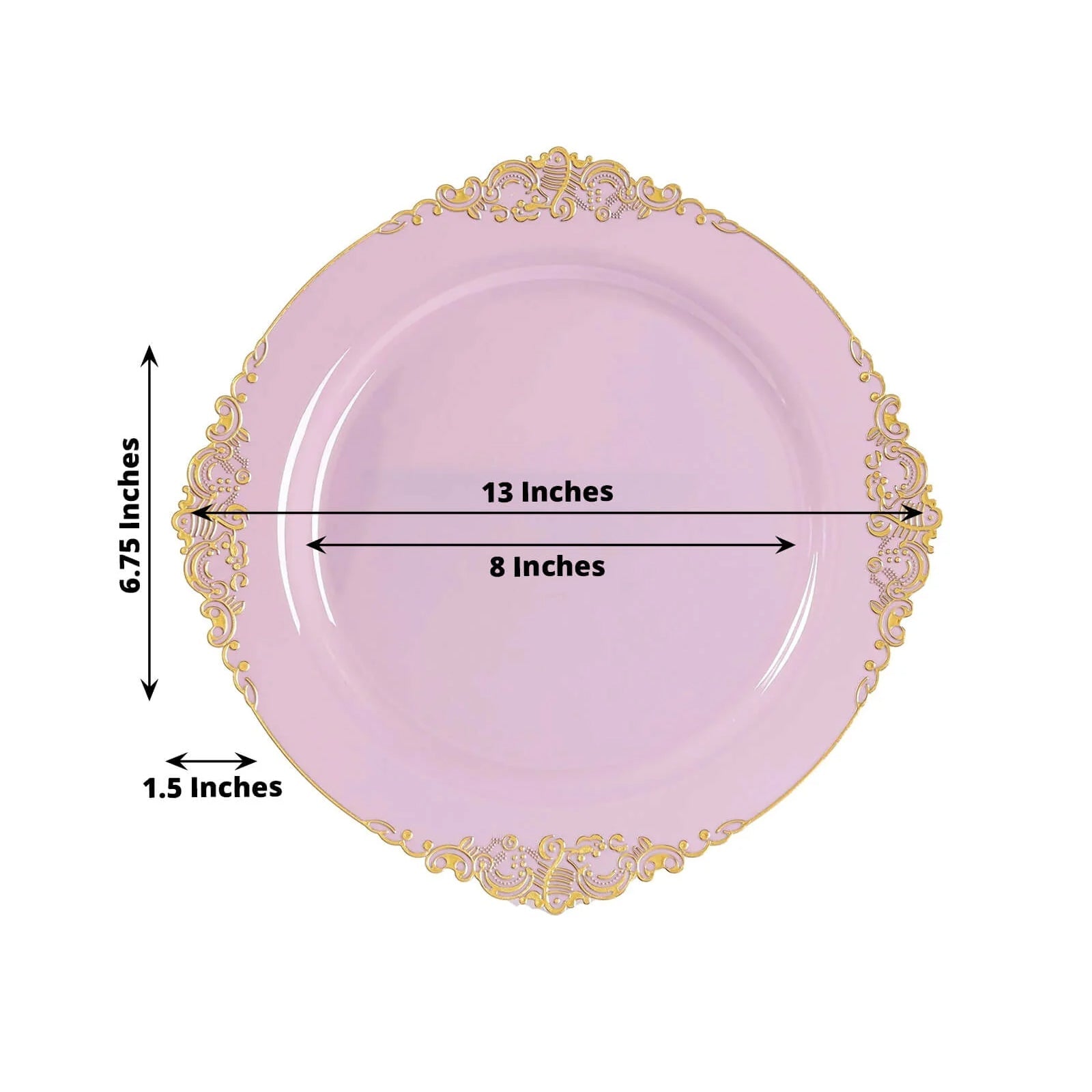 20-Pack Economy Plastic Round Charger Plates 13" in Lavender Lilac with Gold Embossed Baroque Rim, Stylish Dinner Party Serving Plates