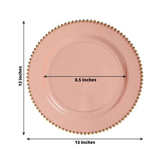 10-Pack Economy Round Plastic Charger Plates 13" in Dusty Rose with Gold Beaded Rim, Stylish Dinner Party Serving Plates