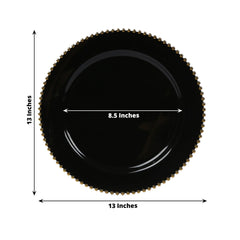 10-Pack Economy Round Plastic Charger Plates 13" in Black with Gold Beaded Rim, Stylish Dinner Party Serving Plates