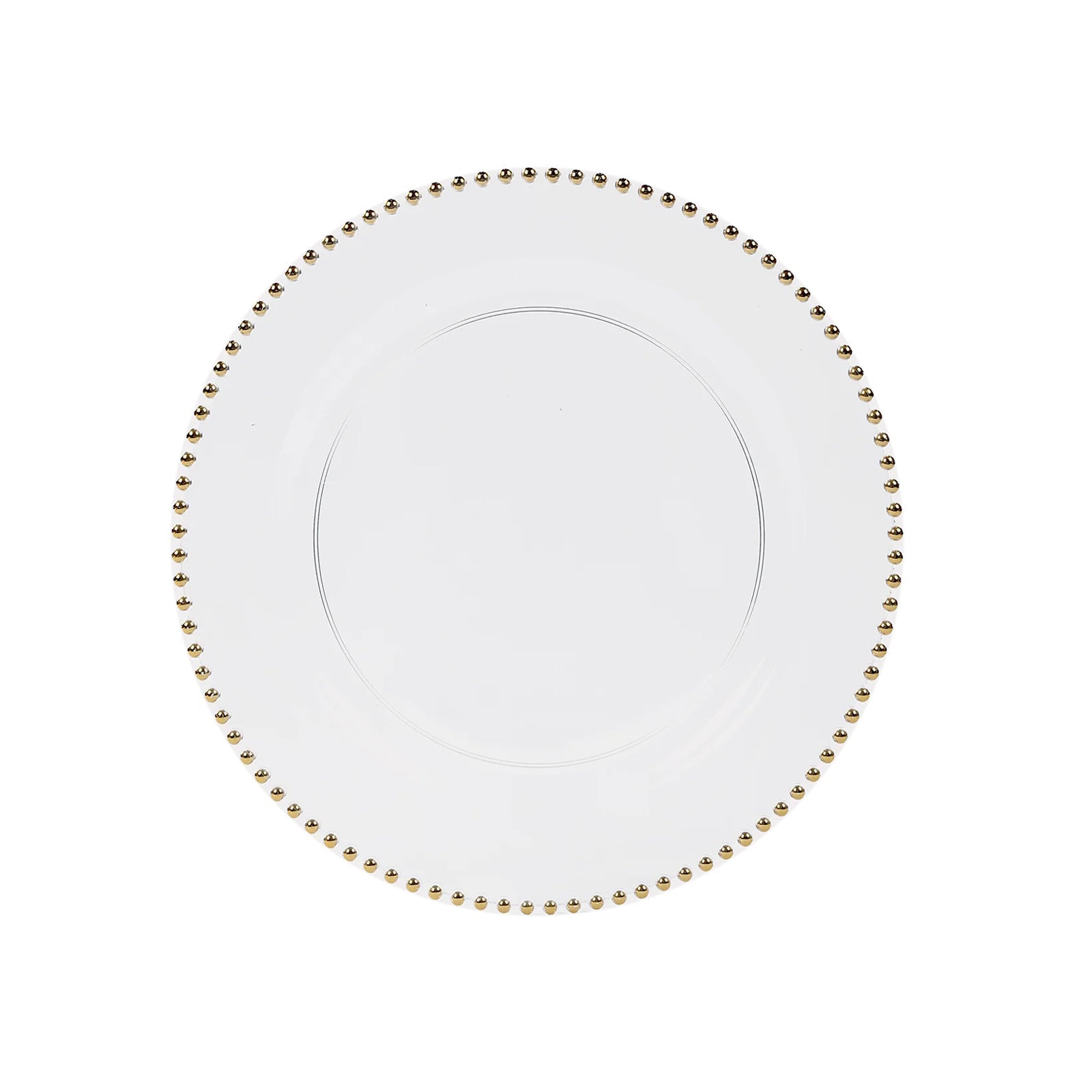 10-Pack Economy Round Plastic Charger Plates 13" in Clear with Gold Beaded Rim, Stylish Dinner Party Serving Plates