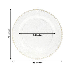 10-Pack Economy Round Plastic Charger Plates 13" in Clear/Gold Glitter with Beaded Rim, Stylish Dinner Party Serving Plates