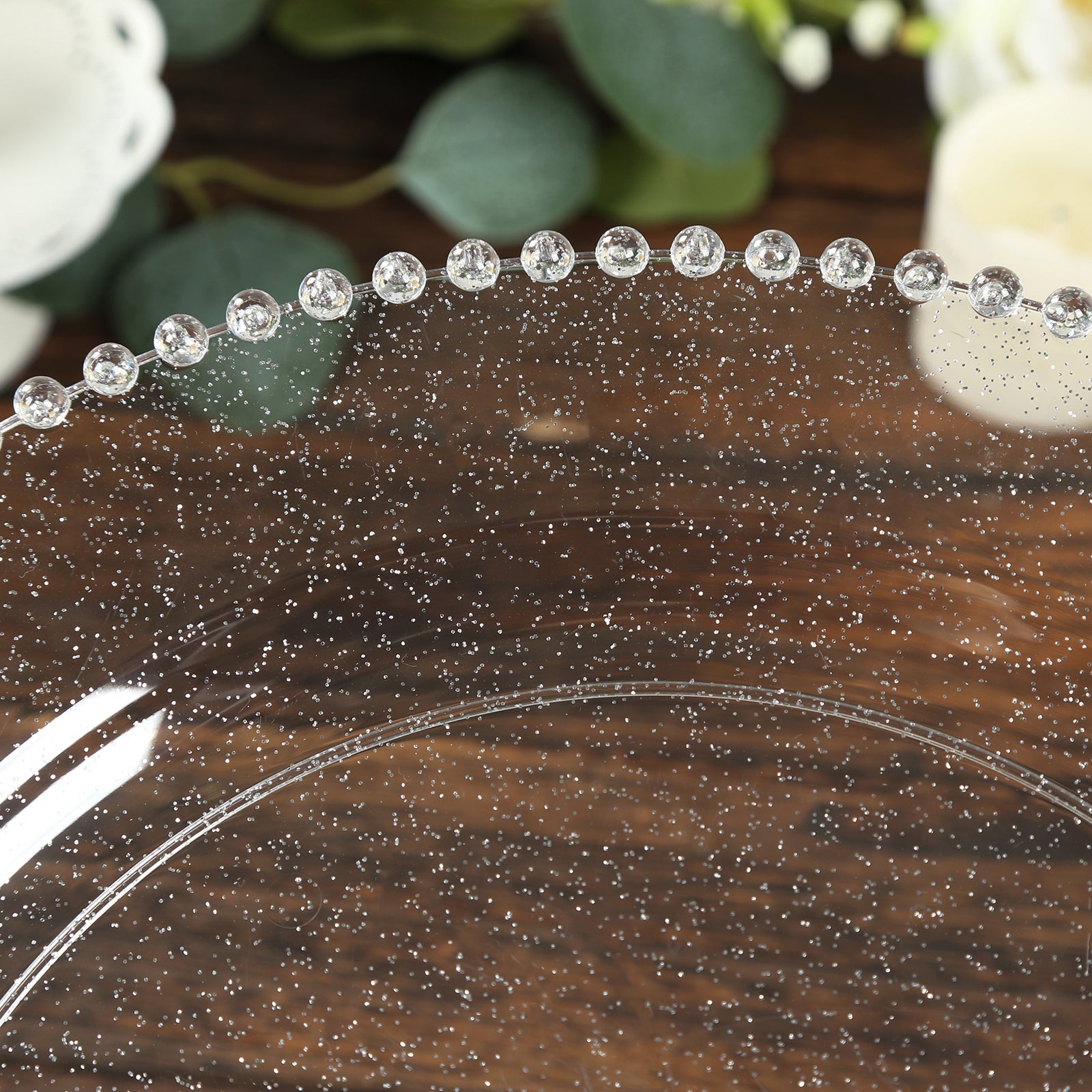 10-Pack Economy Round Plastic Charger Plates 13" in Clear/Silver Glitter with Beaded Rim, Stylish Dinner Party Serving Plates