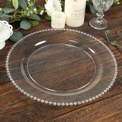 10-Pack Economy Round Plastic Charger Plates 13" in Clear/Silver Glitter with Beaded Rim, Stylish Dinner Party Serving Plates