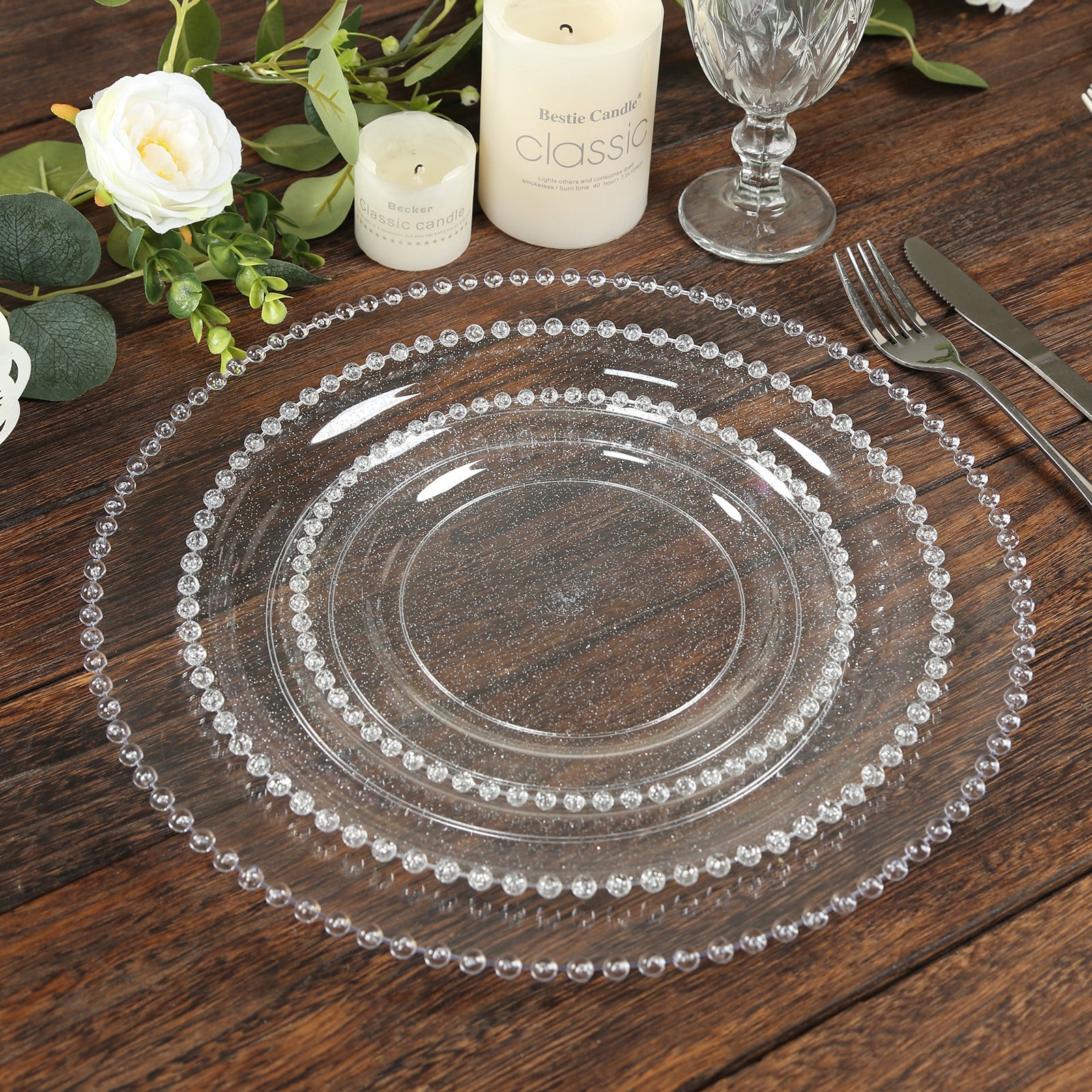 10-Pack Economy Round Plastic Charger Plates 13" in Clear Beaded Rim, Stylish Dinner Party Serving Plates