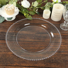 10-Pack Economy Round Plastic Charger Plates 13" in Clear Beaded Rim, Stylish Dinner Party Serving Plates