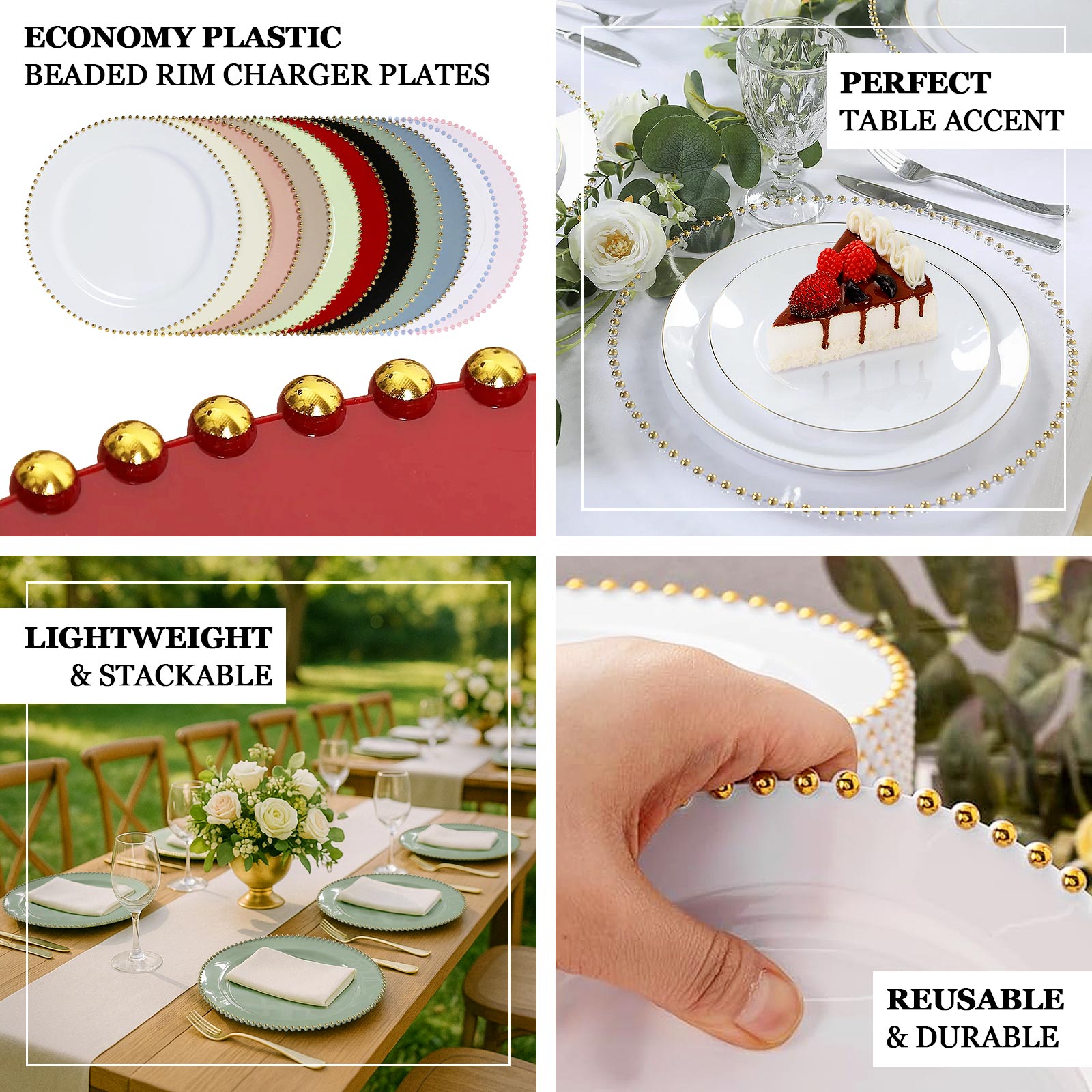10-Pack Economy Round Plastic Charger Plates 13" in Taupe with Gold Beaded Rim, Stylish Dinner Party Serving Plates