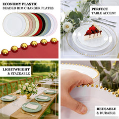 10-Pack Economy Round Plastic Charger Plates 13" in White with Gold Beaded Rim, Stylish Dinner Party Serving Plates