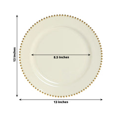 10-Pack Economy Round Plastic Charger Plates 13" in Ivory with Gold Beaded Rim, Stylish Dinner Party Serving Plates