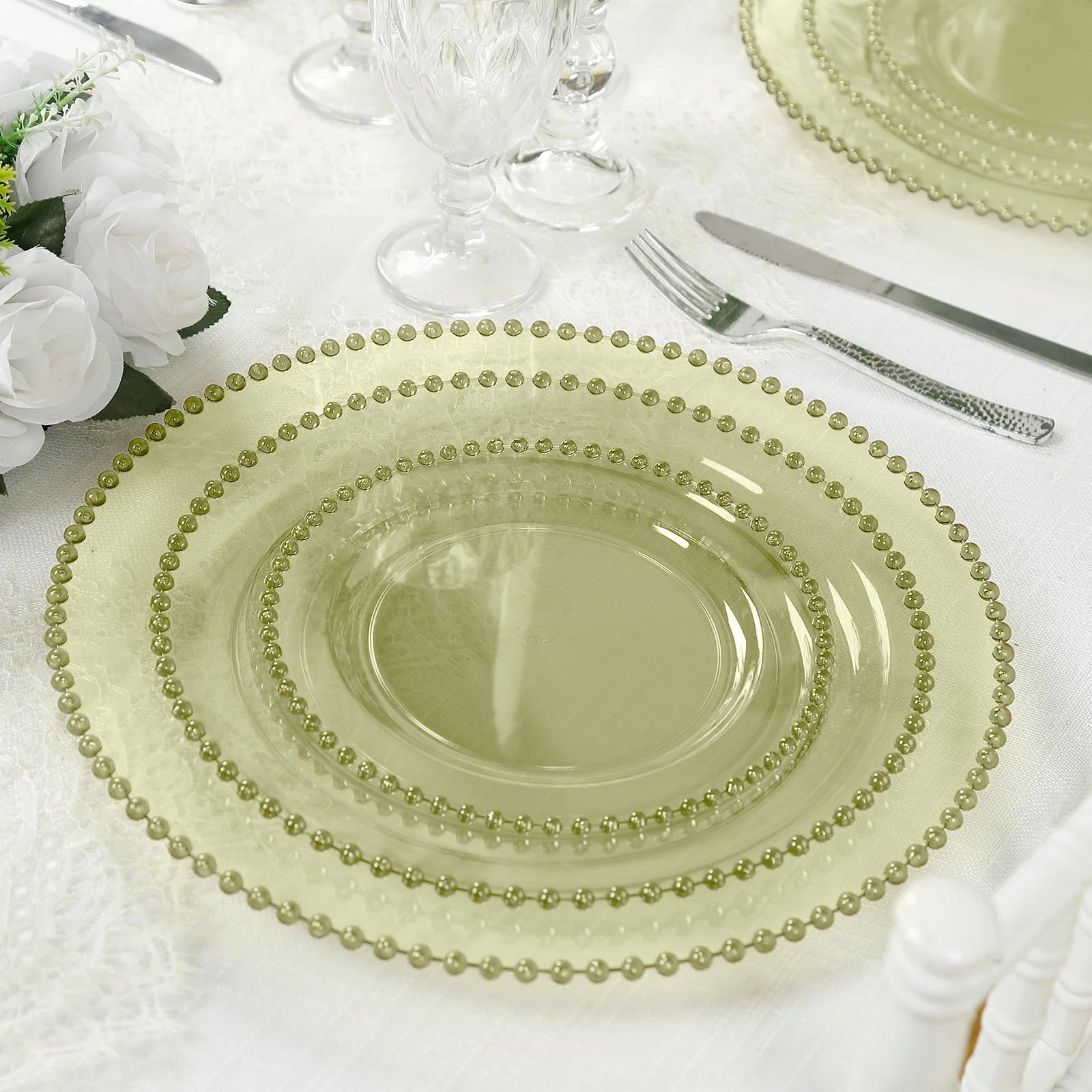 10-Pack Economy Round Plastic Charger Plates 13" in Transparent Dusty Sage Green with Beaded Rim, Stylish Dinner Party Serving Plates