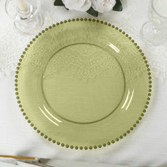 10-Pack Economy Round Plastic Charger Plates 13" in Transparent Dusty Sage Green with Beaded Rim, Stylish Dinner Party Serving Plates